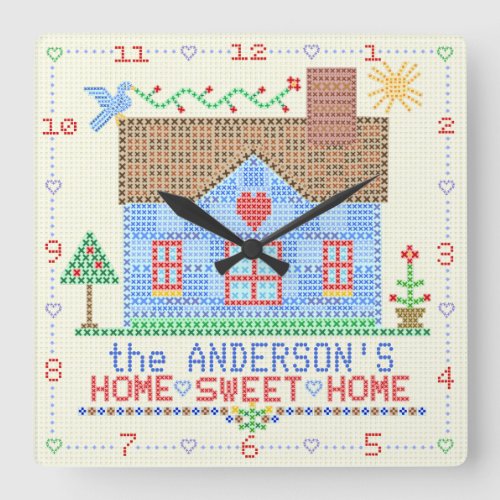 Home Sweet Home Cross Stitch House  Family Name Square Wall Clock