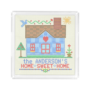 Home Sweet Home Cross Stitch House Personalized Acrylic Tray