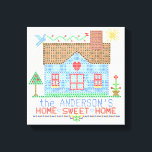 Home Sweet Home Cross Stitch House Personalized Canvas Print<br><div class="desc">This personalized country house design is made to resemble a vintage cross stitch embroidery sampler. It shows a blue house made of "x"s with a bird, the sun and plenty of hearts and flowers in the same style. The background is beige with a slight check pattern to look like embroidery...</div>
