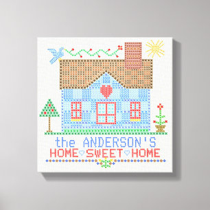 Home Sweet Home Cross Stitch House Personalized Canvas Print