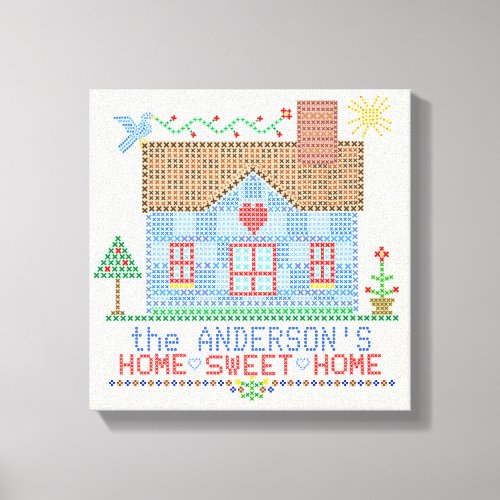 Home Sweet Home Cross Stitch House Personalized Canvas Print