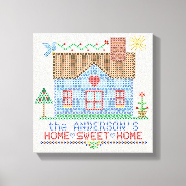 Home Sweet Home Cross Stitch House Personalized Canvas Print (Front)