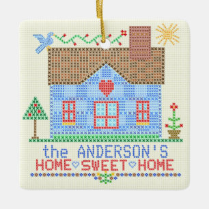 Home Sweet Home Cross Stitch House Personalized Ceramic Ornament