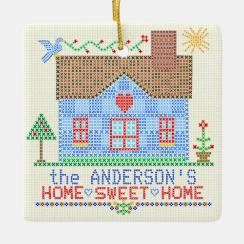 Home Sweet Home Cross Stitch House Personalized Ceramic Ornament