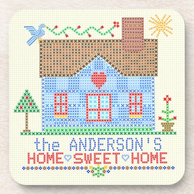 Home Sweet Home Cross Stitch House Personalized Drink Coaster (Front)