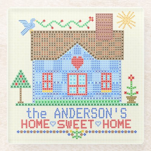 Home Sweet Home Cross Stitch House Personalized Glass Coaster