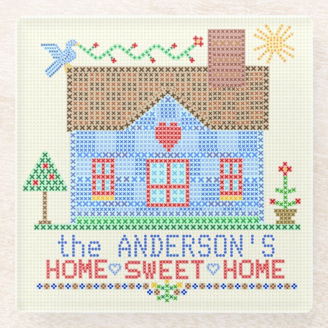 Home Sweet Home Cross Stitch House Personalized Glass Coaster (Front)