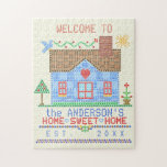 Home Sweet Home Cross Stitch House Personalized Jigsaw Puzzle<br><div class="desc">This custom country house design is made to resemble a vintage cross stitch embroidery sampler. It shows a blue house made of "x"s with a bird, the sun and plenty of hearts and flowers in the same style. The background is beige with a slight check pattern to look like embroidery...</div>