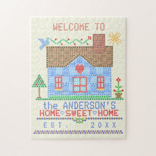 Home Sweet Home Cross Stitch House Personalized Jigsaw Puzzle