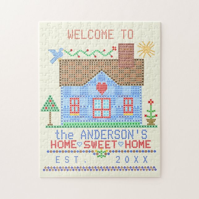 Home Sweet Home Cross Stitch House Personalized Jigsaw Puzzle (Vertical)