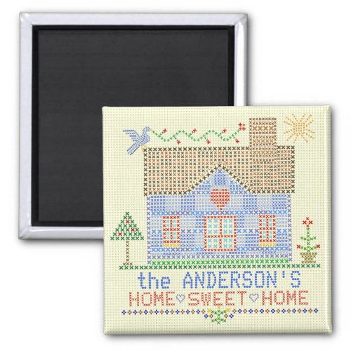 Home Sweet Home Cross Stitch House Personalized Magnet