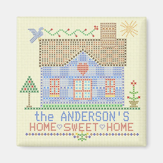 Home Sweet Home Cross Stitch House Personalized Magnet (Front)