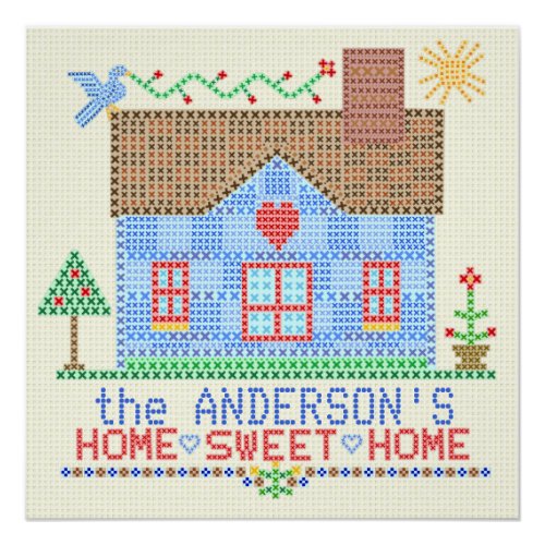 Home Sweet Home Cross Stitch House Personalized Poster