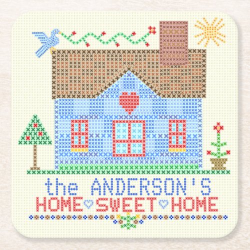 Home Sweet Home Cross Stitch House Personalized Square Paper Coaster