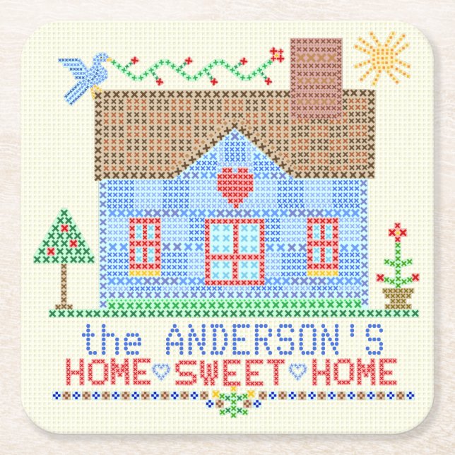Home Sweet Home Cross Stitch House Personalized Square Paper Coaster (Front)