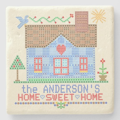 Home Sweet Home Cross Stitch House Personalized Stone Coaster