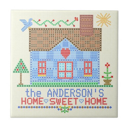 Home Sweet Home Cross Stitch House Personalized Tile