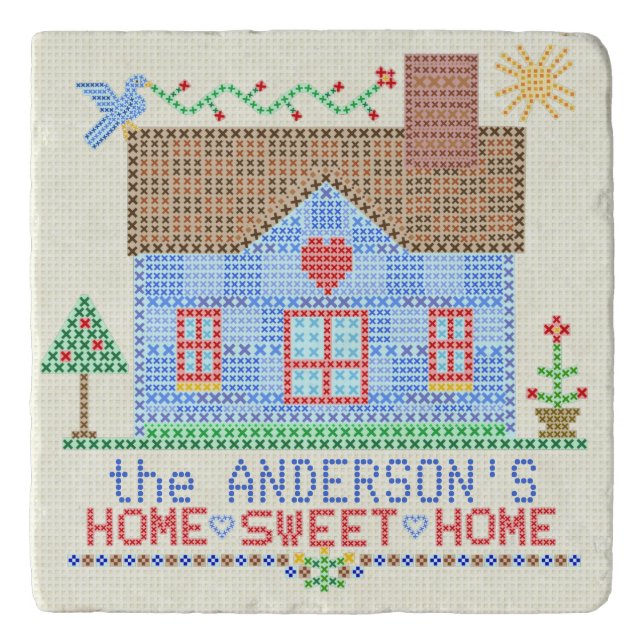 Home Sweet Home Cross Stitch House Personalized Trivet (Front)