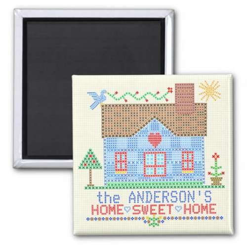 Home Sweet Home Cross Stitch House Personalized v2 Magnet