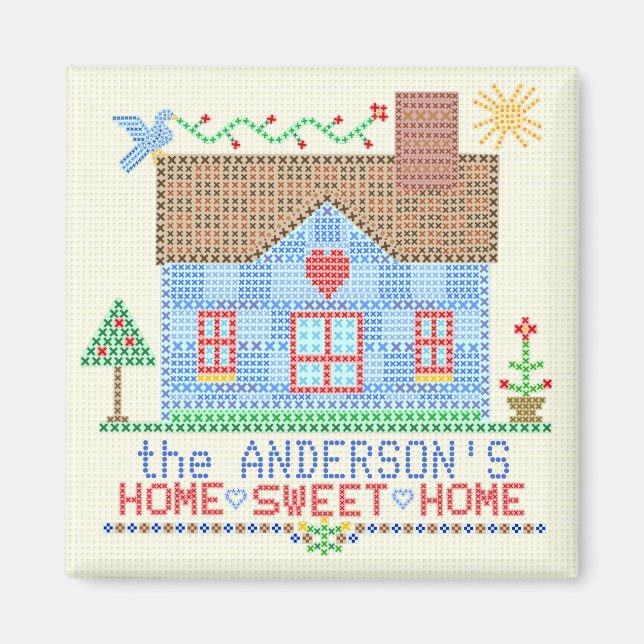 Home Sweet Home Cross Stitch House Personalized v2 Magnet (Front)