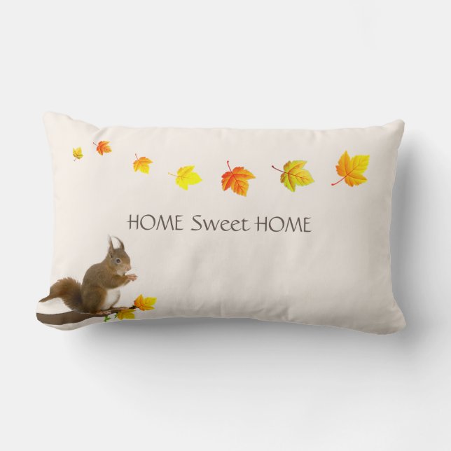 Home Sweet Home, Cute Squirrel & Fall Leaves Lumbar Pillow (Front)