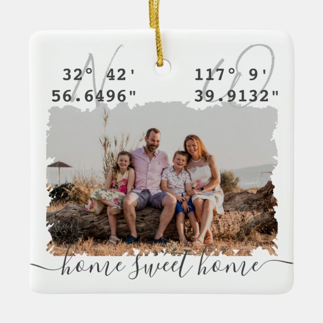 "Home Sweet Home" DMS Coordinates Family Photo Ceramic Ornament (Front)