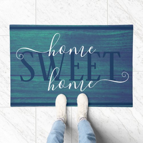      Home Sweet Home Elegant Rustic Wood Teal Blue Doormat