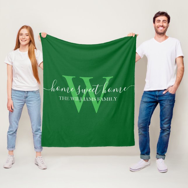 home sweet home,family green white monogram fleece blanket (In Situ)