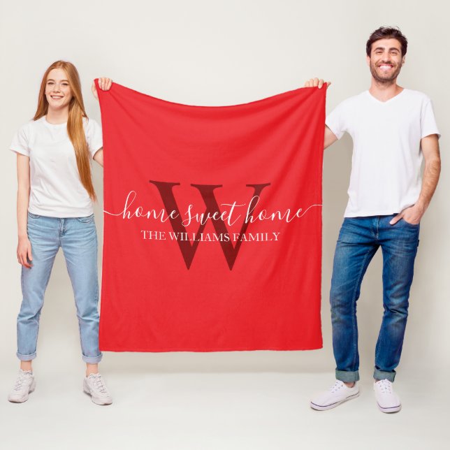 home sweet home,family red white holiday monogram fleece blanket (In Situ)