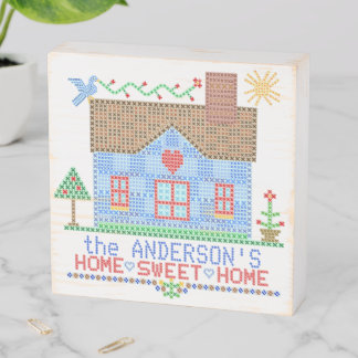 Home Sweet Home Farmhouse Cross Stitch Custom Name Wooden Box Sign