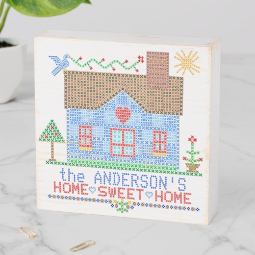 Home Sweet Home Farmhouse Cross Stitch Custom Name Wooden Box Sign
