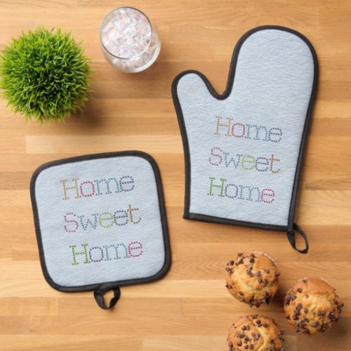 Home Sweet Home Faux Stitching on Blue Oven Mitt  Pot Holder Set