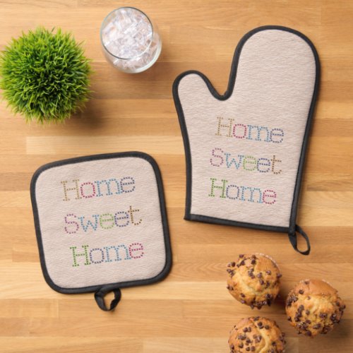 Home Sweet Home Faux Stitching on Tan Oven Mitt  Pot Holder Set