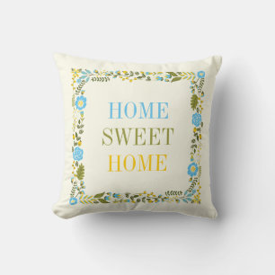 "HOME SWEET HOME" floral border aqua and yellow Throw Pillow