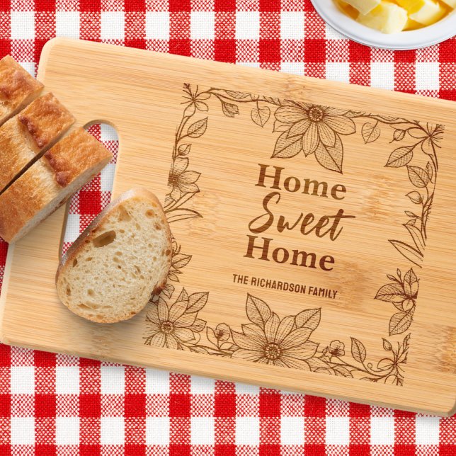 Home Sweet Home Floral Etched Wooden Cutting Board (A bamboo cutting board with etched words 'Home Sweet Home' within a pretty floral border)