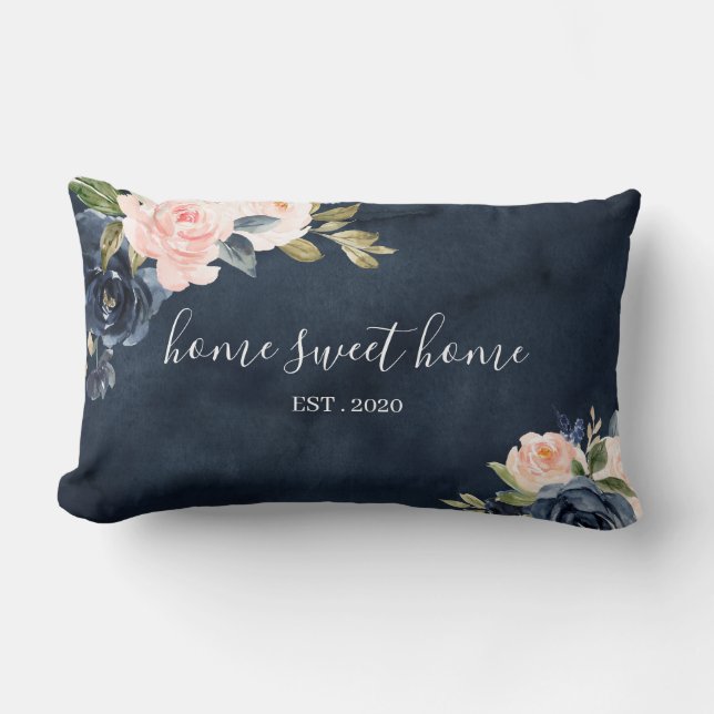 Home Sweet Home Floral Watercolor Navy Pillow (Front)