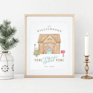 Home Sweet Home Fun Watercolor Gingerbread House Poster