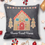 Home Sweet Home Gingerbread House Chalkboard Throw Pillow<br><div class="desc">“Home Sweet Home”. Decorate your home in a festive, holiday style with this unique, fun Christmas throw pillow! A cute, whimsical gingerbread house, cookie trees, stars, hearts and candies, along with playful script typography, overlay a dark charcoal gray chalkboard background. Feel the warmth and joy of the holiday season whenever...</div>