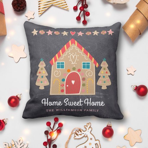 Home Sweet Home Gingerbread House Chalkboard Throw Pillow