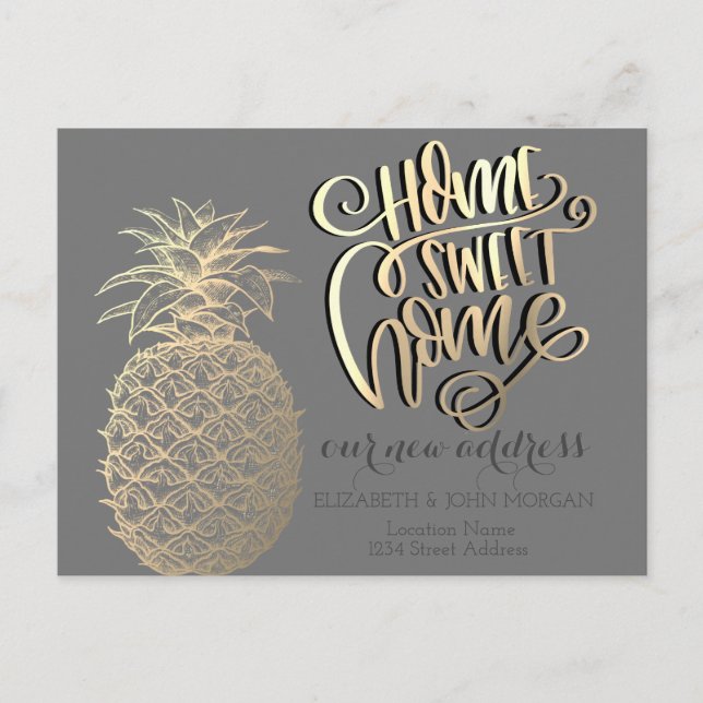 Home Sweet Home,Gold Pineapple Tropical Gray Announcement Postcard (Front)
