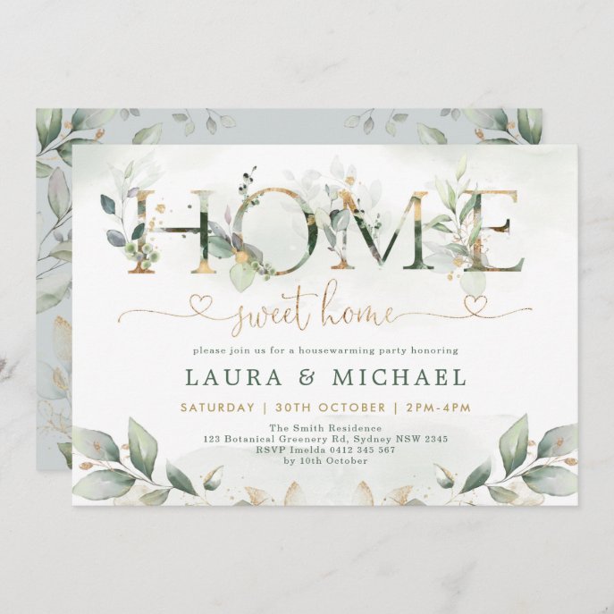 Home Sweet Home Greenery Gold Housewarming Party Invitation