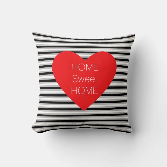 Home Sweet Home Heart on Black White Striped Throw Pillow (Front)