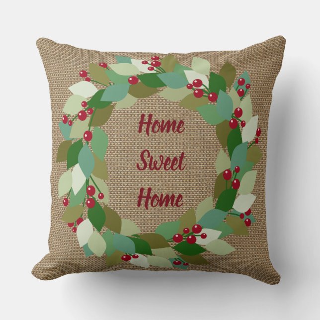 Home Sweet Home | Holiday Faux Burlap Throw Pillow (Front)