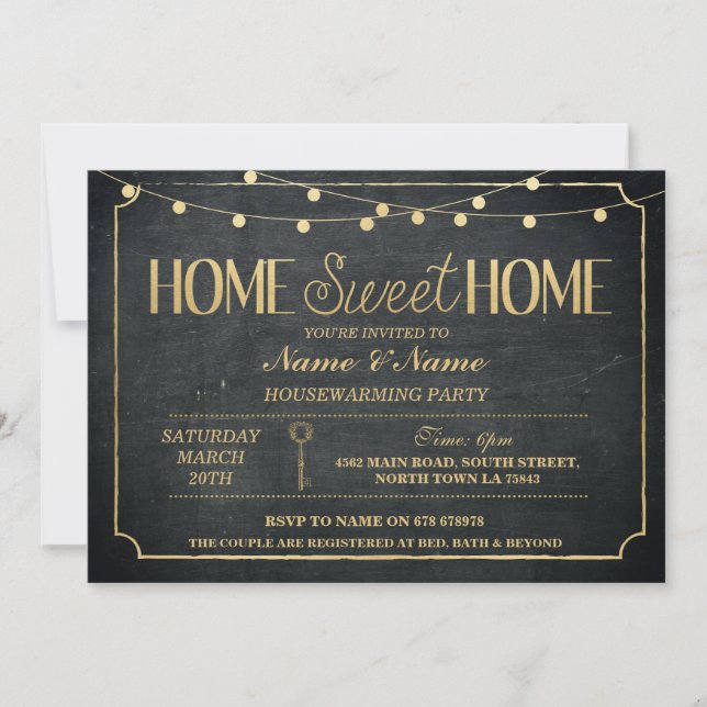 Home Sweet Home Housewarming Black Gold key Invite (Front)
