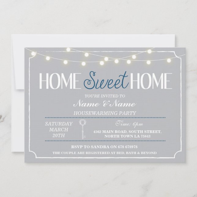 Home Sweet Home Housewarming Gray White Key Invite (Front)