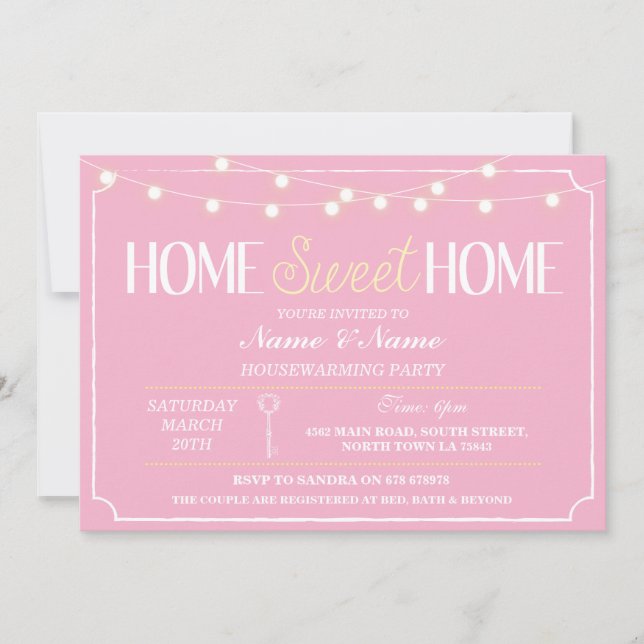 Home Sweet Home Housewarming Pink White Key Invite (Front)
