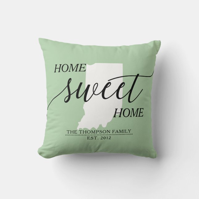 Home Sweet Home IN State Family Name Throw Pillow (Front)