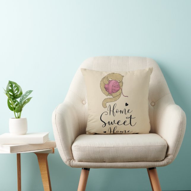 Home Sweet Home Kitten Yarn Throw Pillow (Chair)
