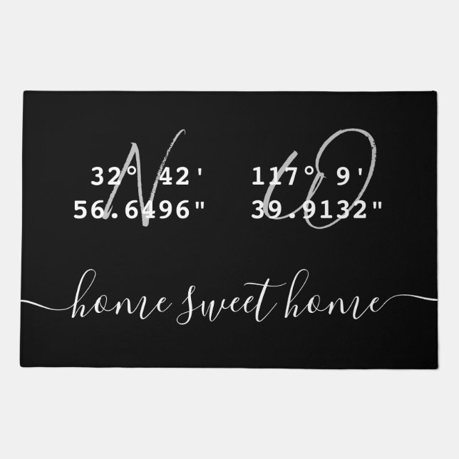 "Home Sweet Home" Latitude Longitude Black & White Doormat (Front)