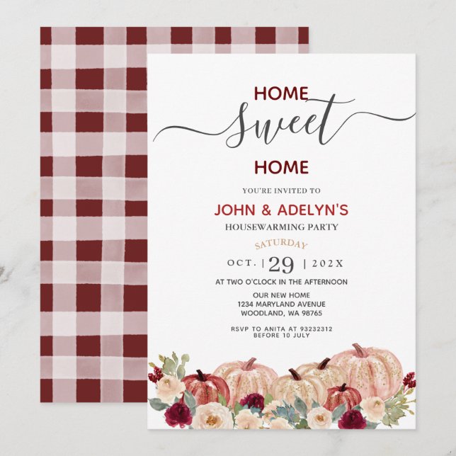 Home Sweet Home Marsala White Pumpkin Flowers  Invitation (Front/Back)